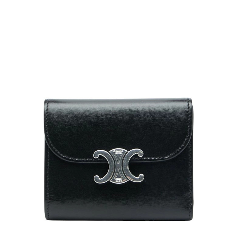 Celine Triomphe Flap Wallet Tri fold Compact Black Leather